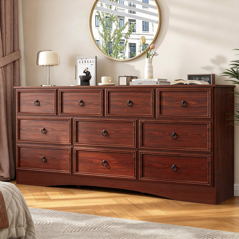 63 Inch Dresser for Bedroom, 10 Drawer Dresser with Large Drawers, Mid Century Modern Wide Wood Chest for Living Room, Hallway, Cherry Wood Color