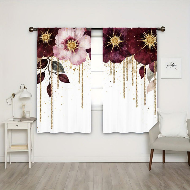 2PCS Luxurious Floral Style Decor Light Filtering Curtains with Burgundy and Pink Flowers, Gold Hanging Chains Pattern, Spring Refresh, Easy Hang Rod Pocket Design, All-Season for Home Living Room Bedroom Study Cabinet Decoration