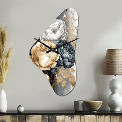 Horloge murale Koen blanche, dorée et noire avec bouquet de roses I - Rose