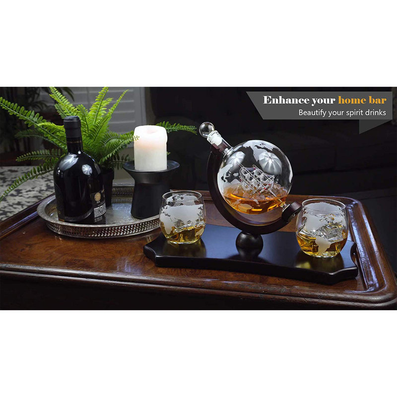 Maguire Etched Globe 3 Piece Whiskey Decanter Set