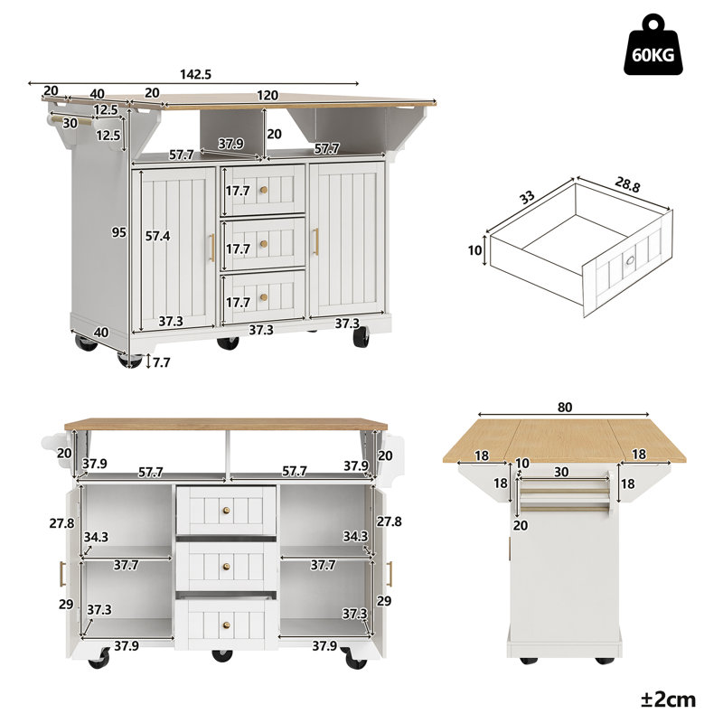 Wood Kitchen Island, White