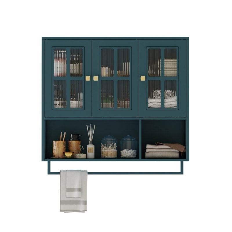 Armoire de salle de bain en bois à trois portes avec compartiments de rangement ouverts et dissimulés, convenant aux vestibules, salons, salles de bain et salles à manger. Vert profond.