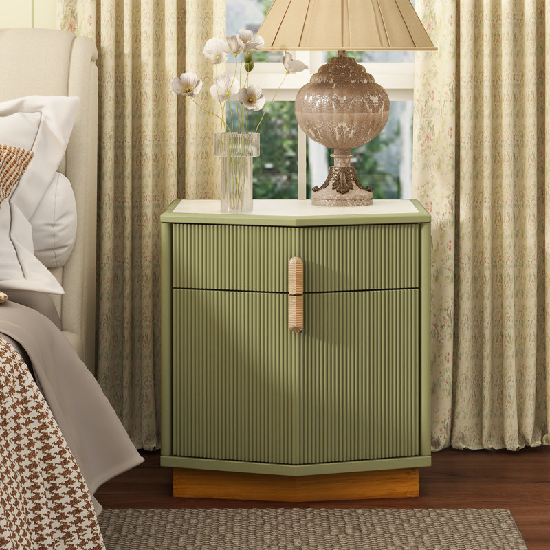 Poole Modern Textured Nightstand With Geometric Top And Dual Storage Drawers, Olive Green