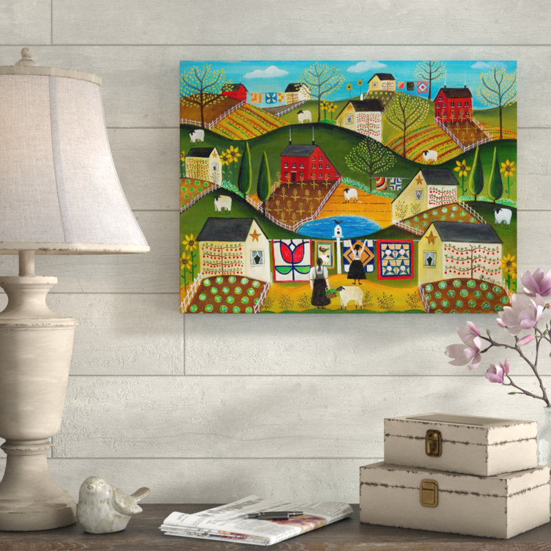 « country jardin folk art quilts », reproduction de peinture à l’acrylique sur toile tendue, H 14 po x l 19 po x P 2 po
