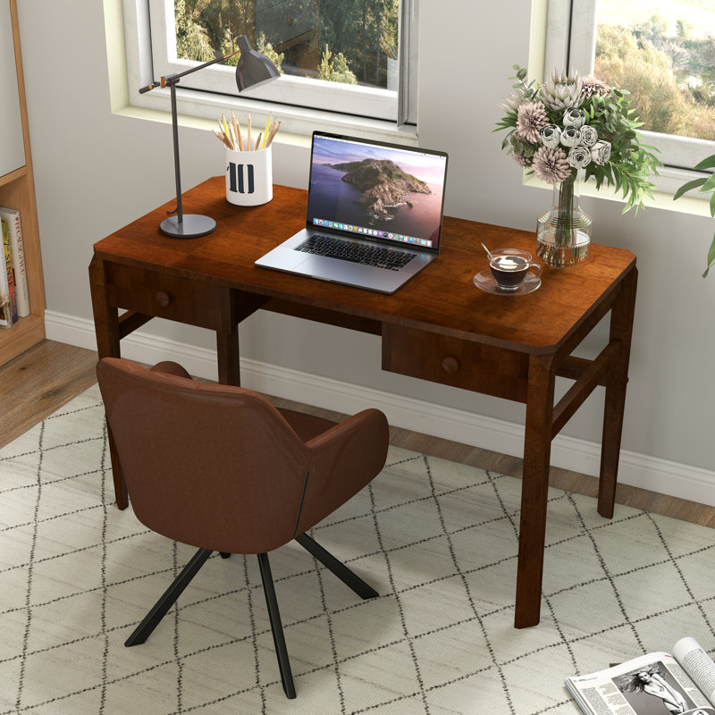 Modern Wooden Desk & PU Swivel Chair Set - 2-Drawer Office Desk With Ergonomic Biscuit-Back Chair, Brown