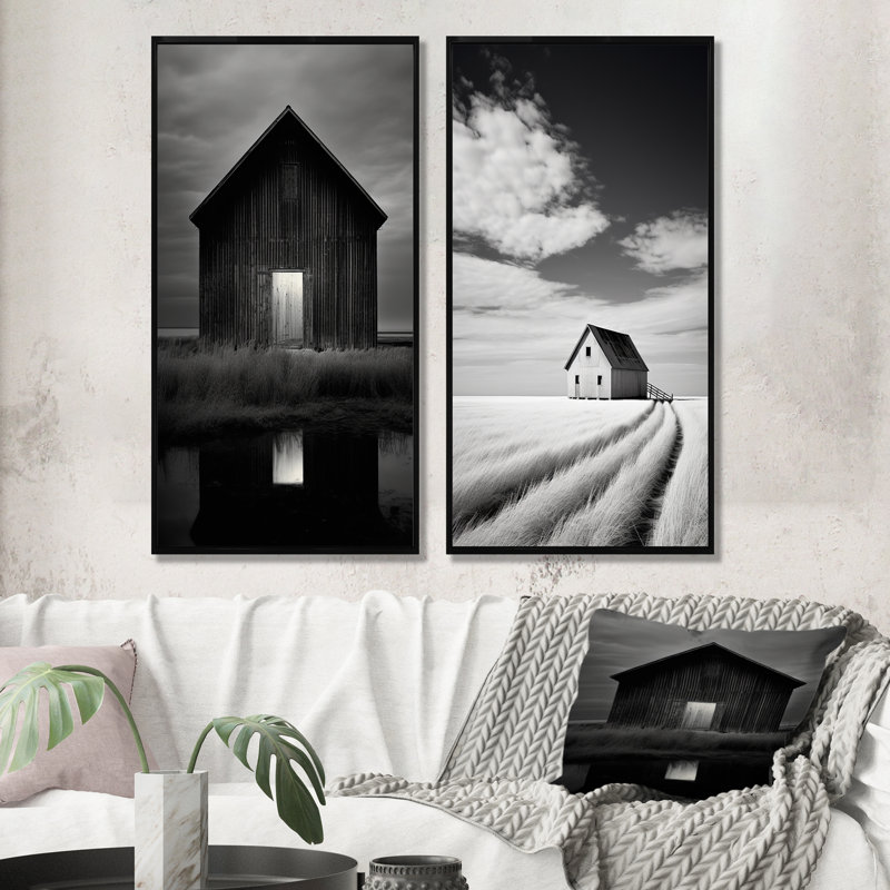Ensemble de 2 décorations murales grange noire et blanche, Cadre noir, H 32 po x l 33 po