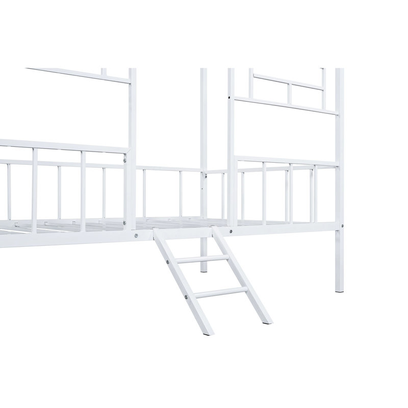 Lit superposé simple blanc contemporain avec conception en forme de maison, en angle, en métal, structure de toit, utilisation de chambre à coucher avec style, couleur, construction, cadre