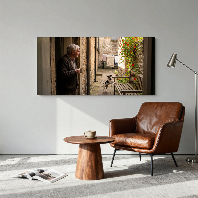 Tableau sur toile en pierre représentant un homme âgé tenant une tasse et regardant un chien sauter sur un banc.