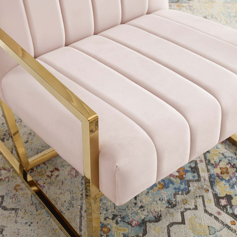 Elegant Geometric Pink Velvet Accent Chair with Gold Metal Frame
