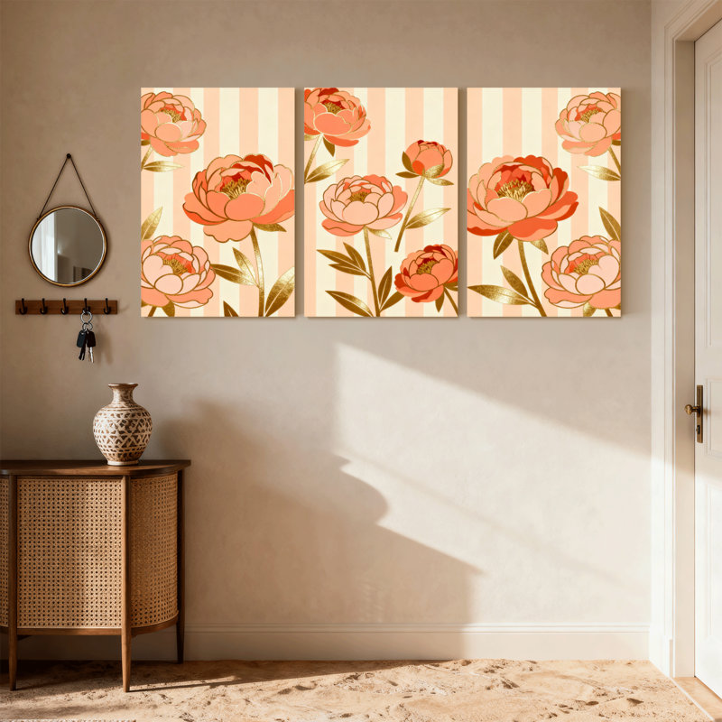 Plantes et fleurs pivoines sur fond rayé avec feuilles dorées, ensemble de 3 impressions sur toile, H 24 po x l 48 po