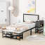 Lit simple en métal noir avec rangement et armoire éminemment en bois, tablettes plateforme méritoire-1128163403-1128163404