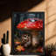 Art encadré noir Un hibou mignon se cachant sous la pluie sous des champignons rouges, impressions sur toile de style rétro-188338994