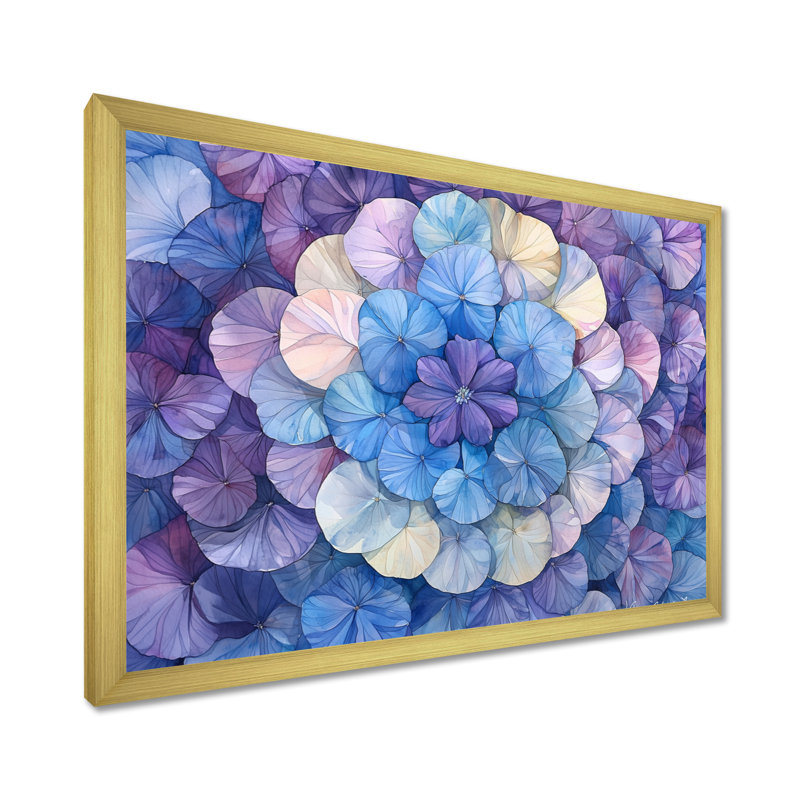 Iridiana hortensia à l'aquarelle Mandella de l'encre mauve II - hydrangées, art mural, H 30 po x l 40 po, Doré