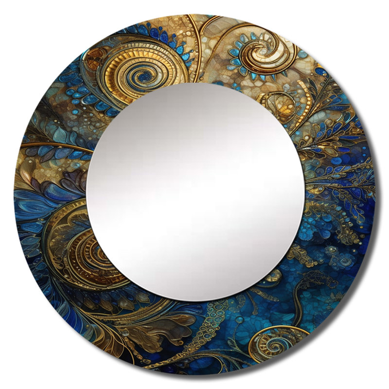 «Pratha Blue and Gold Melody Of Boho II», miroir mural décoratif en plumes, miroir, 23 po x 23 po, Rond