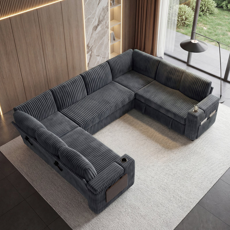 8-Seater Large Sectional Sofa Bed With Storage Lovescat, Modular Sleeper Sofa With Usb Port & Cup Holder, 108" U-Shaped Convertible Couch For Large Living Room