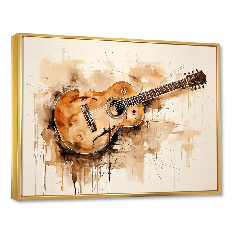 Guitare, simplicité, terreux brun II - musique, art mural, Cadre flottant doré, H 34 po x l 44 po