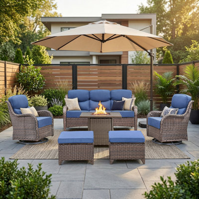 Heritage 6-Piece All-Weather Outdoor Conversation Set With 50,000 BTU Fire Pit Table, 3-Seat Sofa, Swivel Gliders & Ottomans, 6" Thick Cushions