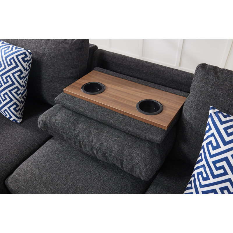 Canapé modulaire 2 pièces avec porte-gobelet rabattable, siège de rangement et méridienne gauche, Noir gris