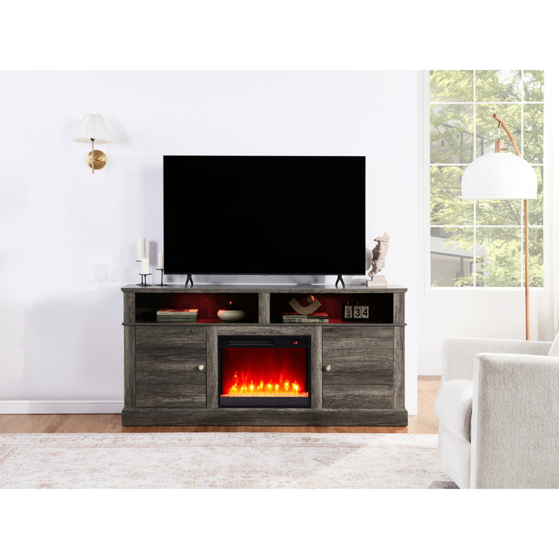 Meuble télé 70 po au fini noyer gris avec foyer, 11 plages de température, 7 possibilités de couleur de flamme, minuterie, 2 armoires et étagères à DEL ouvertes de 70 po, finition, console, cuisinières pour divers