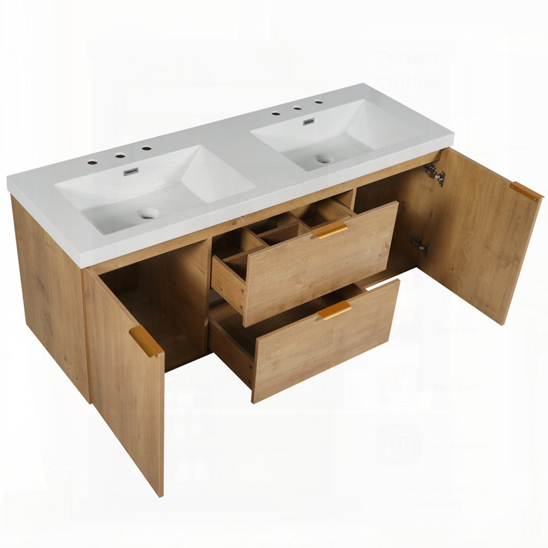 Meuble-lavabo double avec comptoir en SMC, armoire en panneau de fibres à densité moyenne, portes à fermeture en douceur, tiroirs divisés, meuble-lavabo mural moderne pour les grandes salles de bain