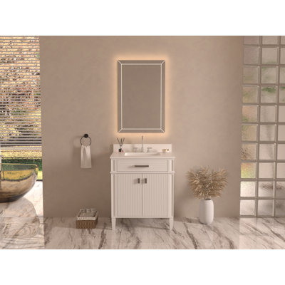 Meuble-lavabo moderne autoportant blanc Durand de 76 cm (30 po), de marque Tennant, avec lavabo simple et comptoir en quartz blanc, entièrement assemblé.
