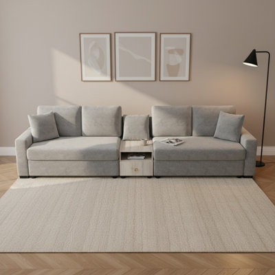 4-Seater Chenille Sectional Sofa With Central Storage Console & Storage Armrest