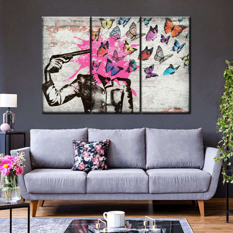 Ensemble de 3 pièces Free The Butterflies On Canvas par Existencils, H 24 po x l 38 po x P 1,25 po