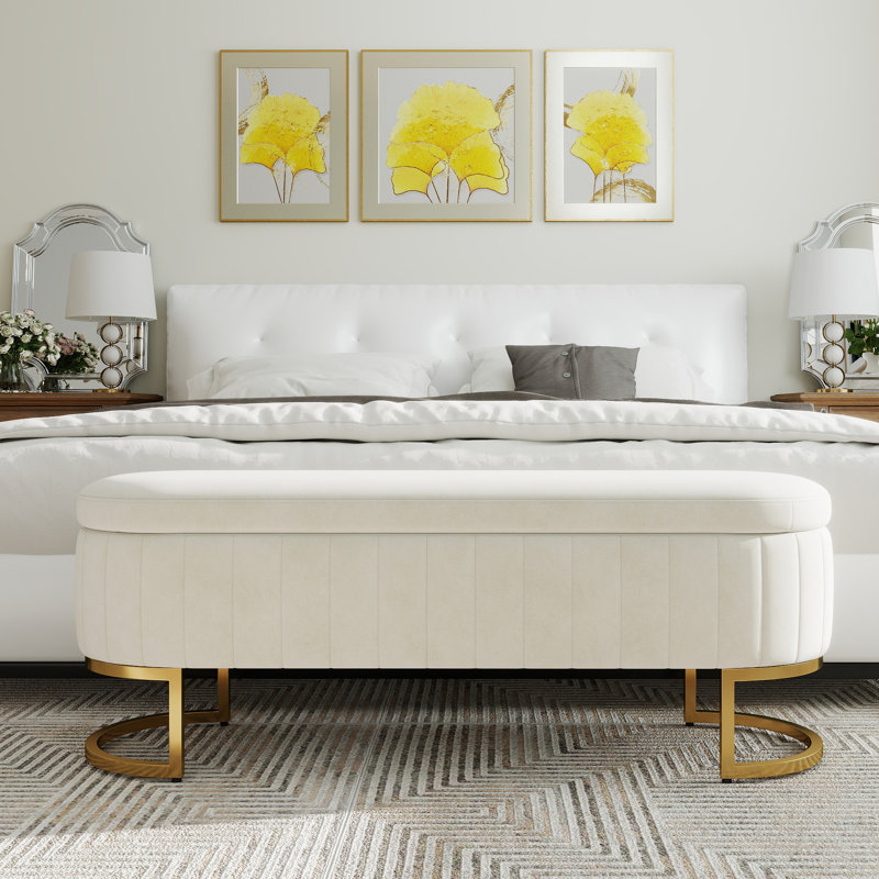 Banc coffre ottoman capitonné en velours de 165 cm avec couvercle rabattable et pieds en métal doré, Beige