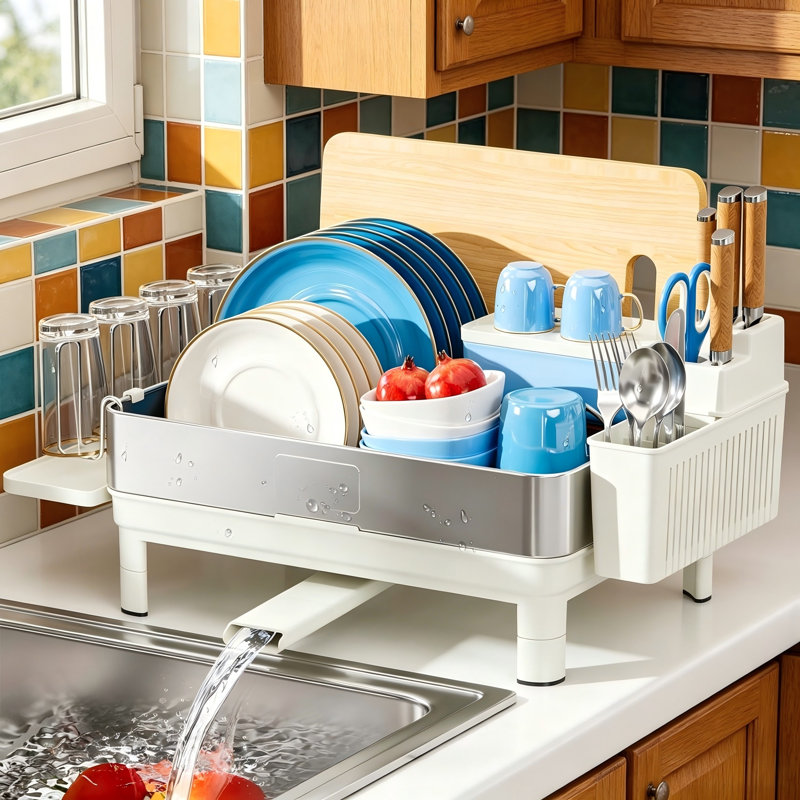 Stainless Steel Dish Drying Rack with Automatic Drainage, White