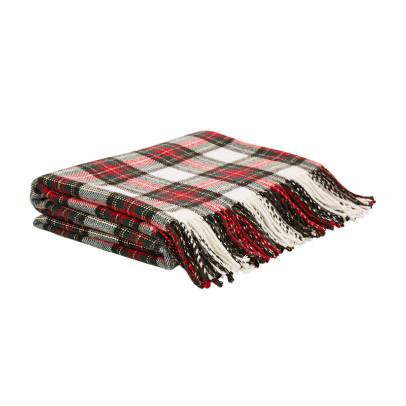 Red and White Plaid Acrylic Fringe Throw Blanket