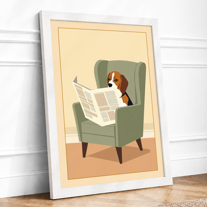 Reading Beagle Modern - Framed Print, A2 - 59.4 x 42.0 cm, White