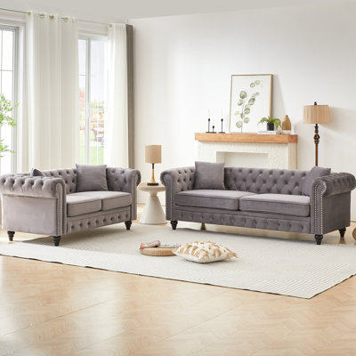5 - Seat Modern In Grey Velvet, Featuring A Solid Pine Frame And 4 Cushions With Rolled Arms, Buttons, Structure