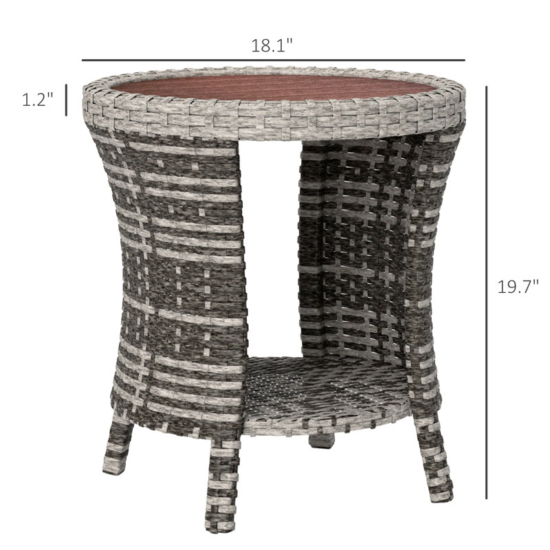 Table d'appoint à deux niveaux avec plateau en bois composite plastique à lattes, résistante aux intempéries et protégeant le sol. Forme semi-ouverte élégante, montage facile.