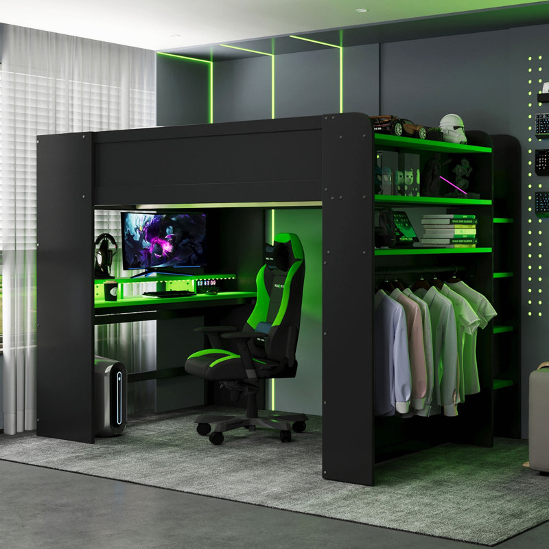 Lit superposé en bois avec bureau à hauteur réglable, garde-robe, grand espace de rangement et lumière RVB, Vert