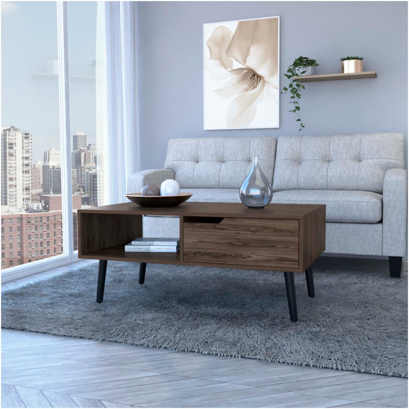 Table basse, une tablette ouverte, un tiroir, noyer foncé