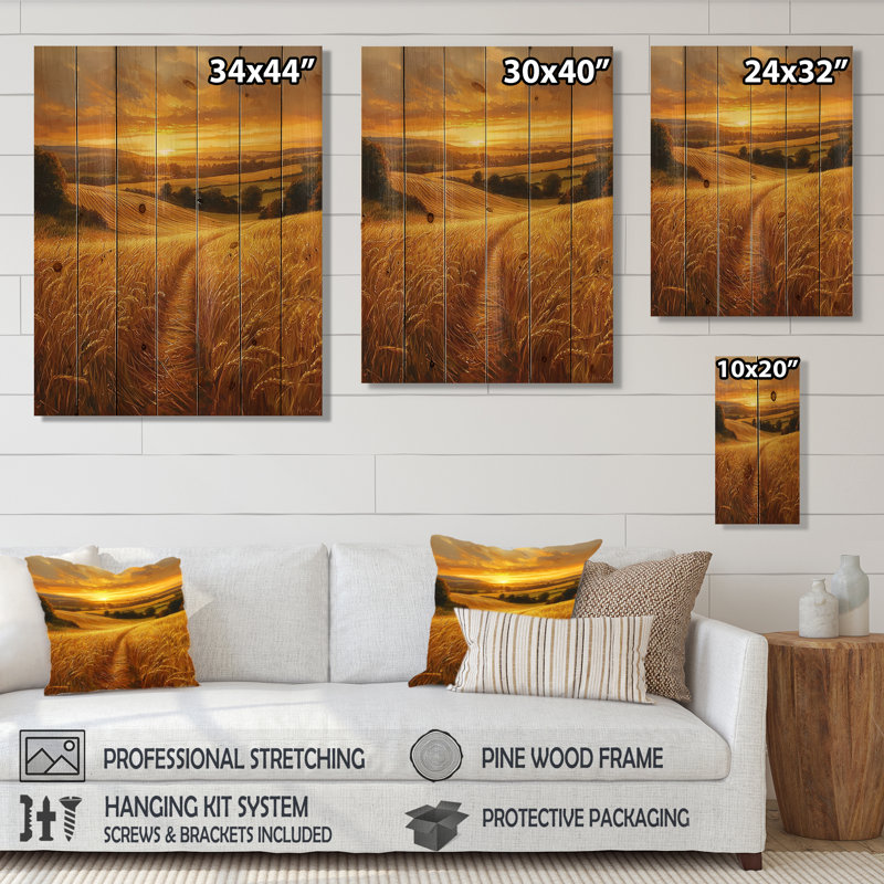 Paysage champêtre au coucher du soleil I - Art mural en bois campagne - sur bois de pin naturel