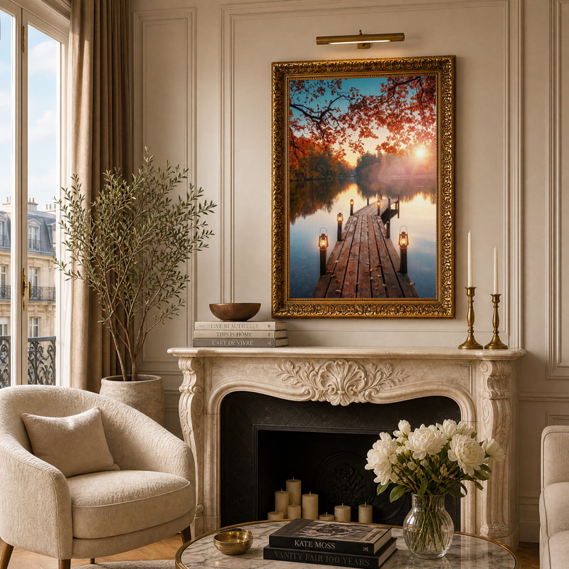 Toile en bois avec lanternes au coucher du soleil, H 24 po x l 16 po