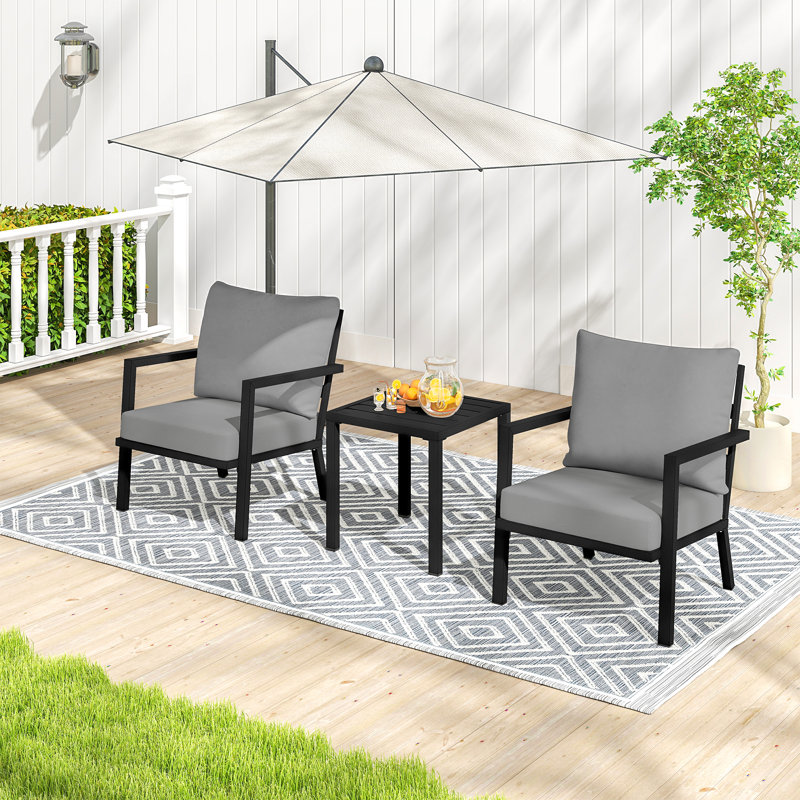 Ensemble de conversation d'extérieur en aluminium 3 pièces avec coussins gris et table d'appoint Mornlift, Gris, Noir