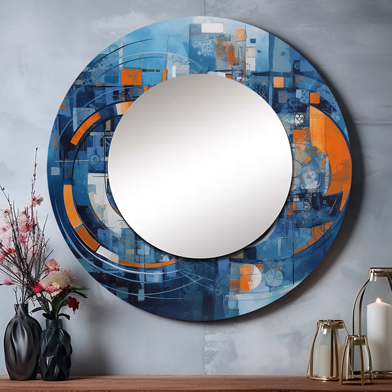 Shunna orange et bleu géométrique équilibre II - miroir mural géométrique, miroir décoratif rond moderne, art imprimé en métal