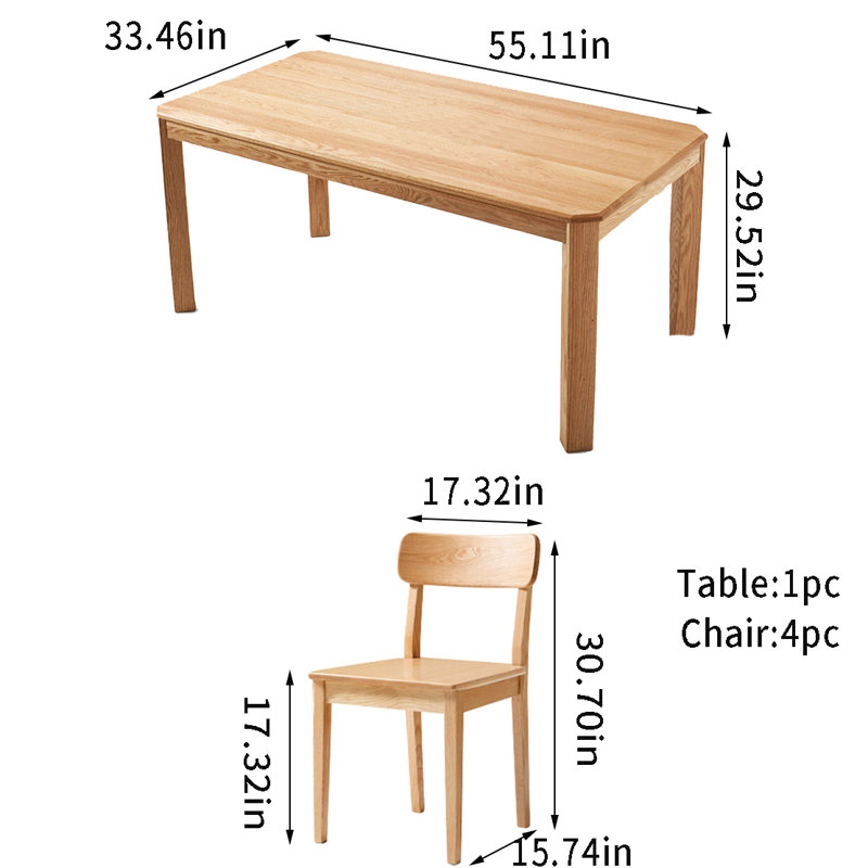 Solid Wood Top Four Leg Dining Set, 29.52"H x 55.11"L x 33.46"W, 5