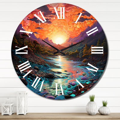 Sunset In Mountain River Metal Wall Clock