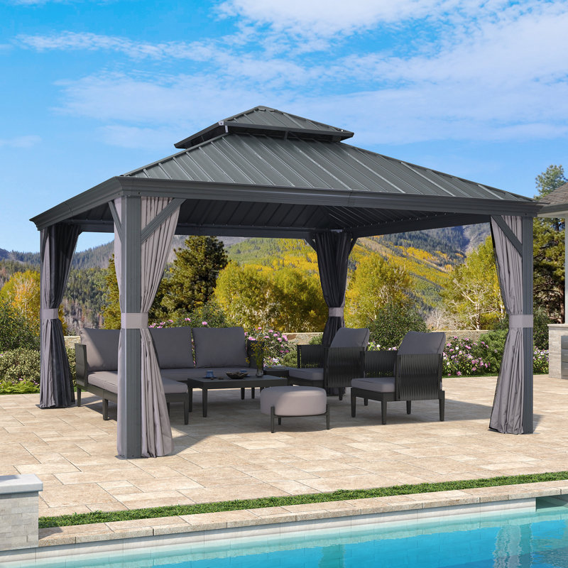 Pavillon de jardin permanent en aluminium avec toit double en acier galvanisé à toit rigide de 13 pi x 13 pi pourpre pour terrasse et jardin, rideaux et filet inclus, gris