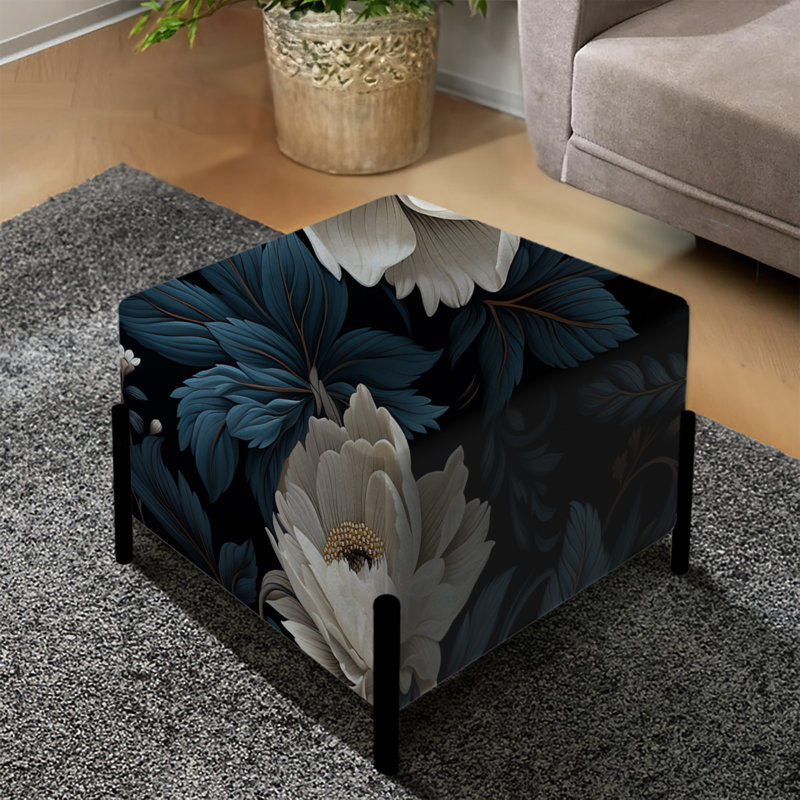Blanc royal et motif de fleurs noires - repose-pieds carré floral
