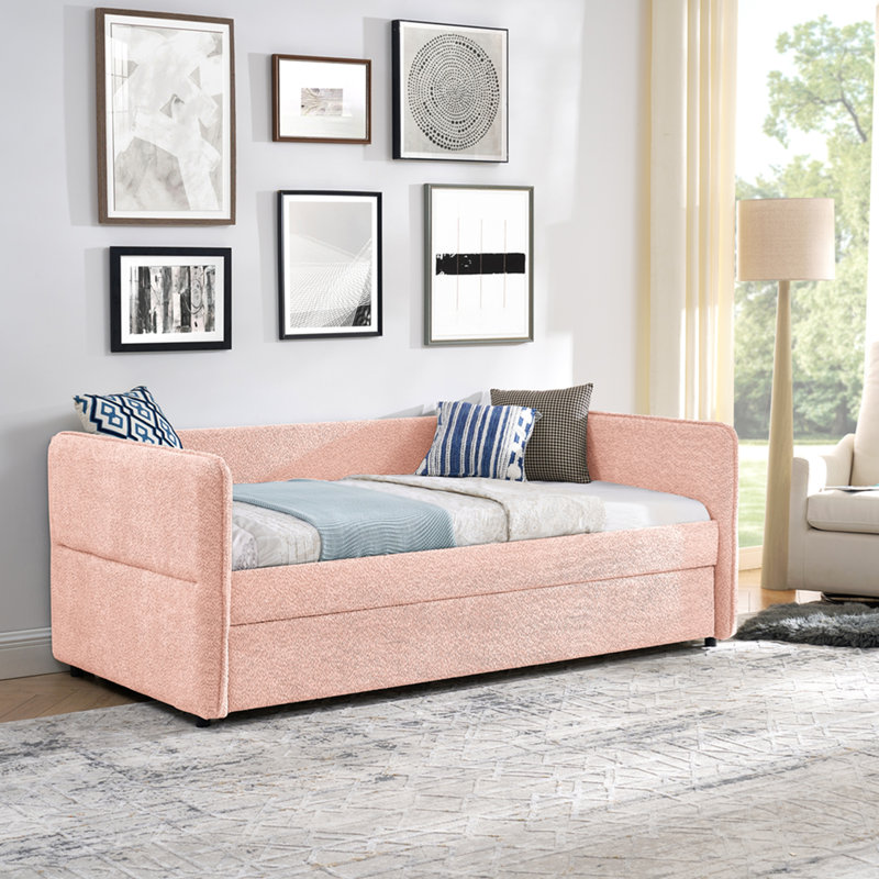 Lit de jour avec lit gigogne escamotable et capitonné, taille simple, tissu Boucle (83 po x 43 po x 29,5 po), Lit simple
