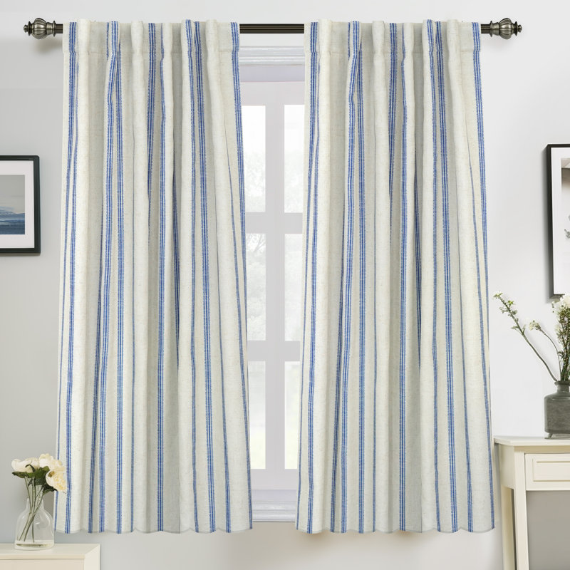 Paire de rideaux occultant, Rayures bleu marine / languette en lin clair, L 52 po x L 54 po