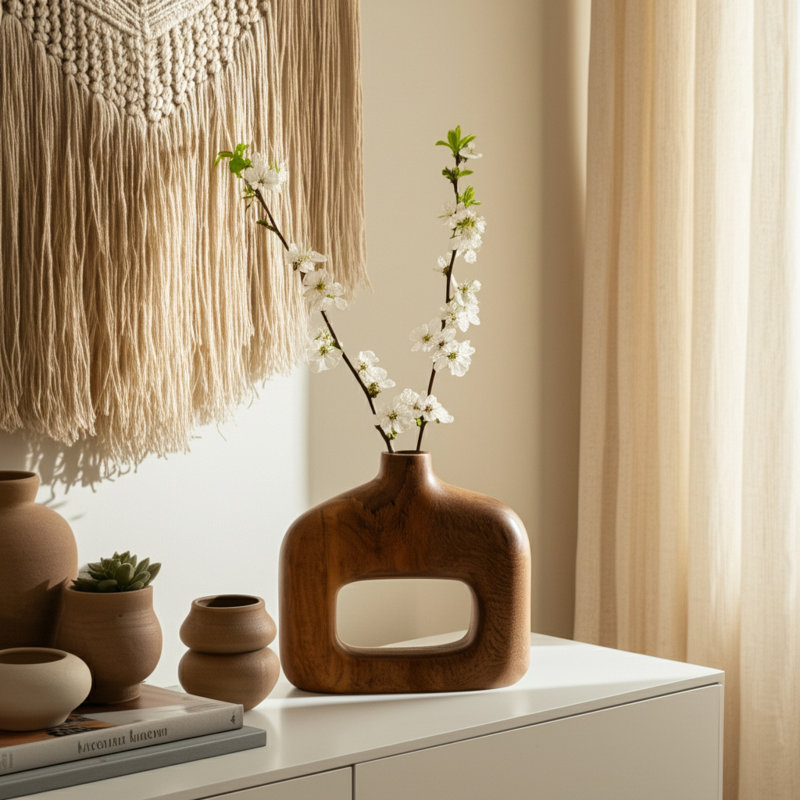 Vase Mango Wood Sculptural Cut-Out Design 8-Inch Natural Brown Boho Home Office Bedroom Living Room Decor
