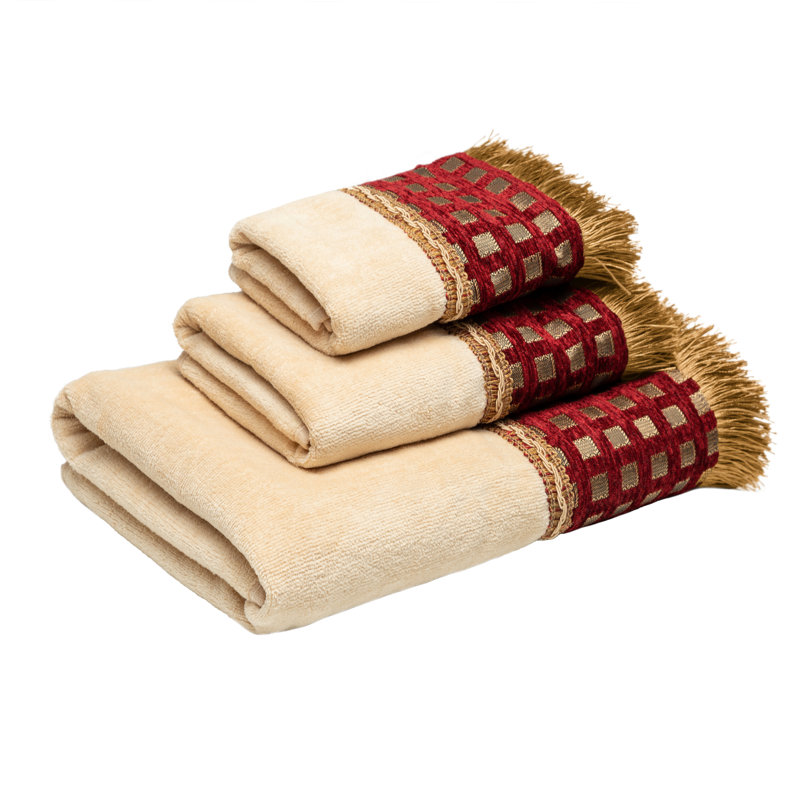 Ensemble de serviettes de bain 3 pièces, Or clair / rouge