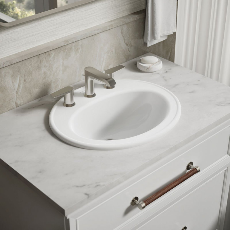 Pennington Ceramic Oval Drop-In Bathroom Sink with Overflow, White, 8'' Centers
