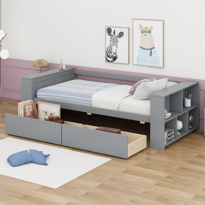 Lit de jour avec tablettes et tiroirs, Gris