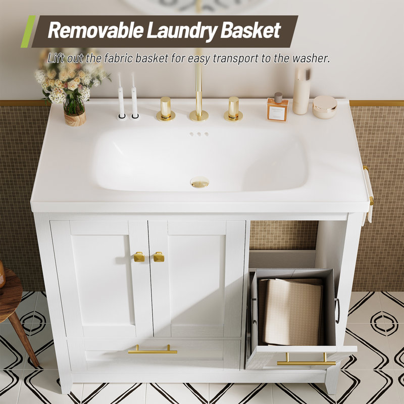 36" Bathroom Vanity with Ceramic Sink, Freestanding Storage Cabinet with Drawer and Tilt-Out Laundry Basket, Bathroom Storage Cabinet